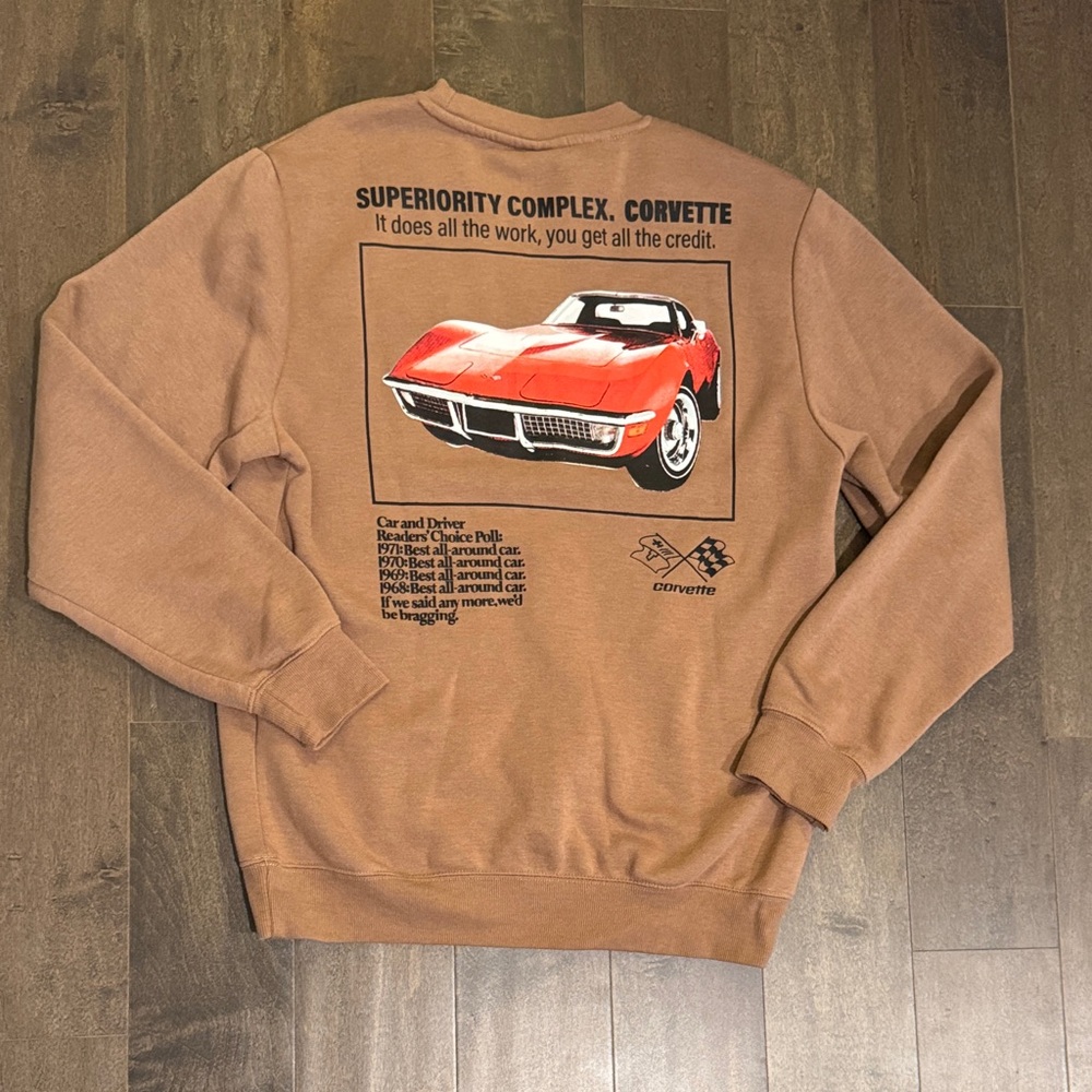 Vintage Corvette Crewneck Sweatshirt Tan Brown Retro Car Graphic Size M
